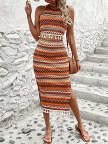 Conjunto Crochê de Saia e Colete Halter com Franjas