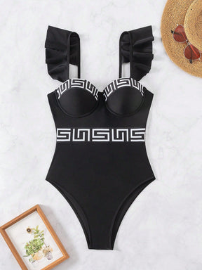 Maiô com Babados e Estampa Geométrica P